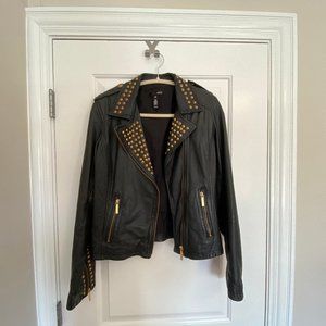 Aqua black leather jacket with gold studs